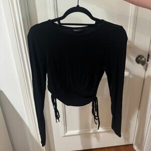 Black Ribbed Ruched Drawstring Cropped Long Sleeve